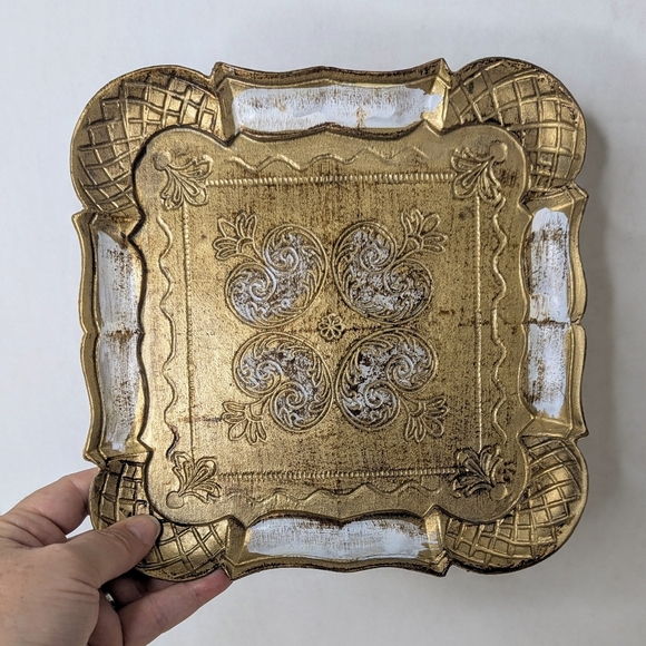 Vintage Florentine Italian Gold Gilt White Square Ornate MCM Romantic Tray - Picture 6 of 6